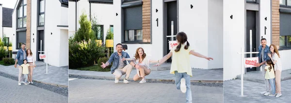 Collage de la famille heureuse avec les bras ouverts accroupi et regardant fille courir, étreinte et debout près signe avec lettrage vendu, bannière — Photo de stock