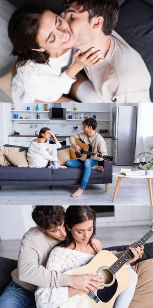 Collage of young couple kissing and playing acoustic guitar on couch at home, banner — Stock Photo