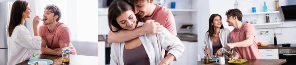 Collage de couple souriant embrassant pendant le petit déjeuner dans la cuisine, bannière — Photo de stock