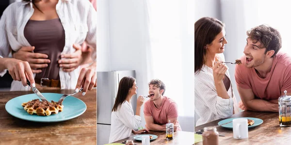 Collage einer lächelnden Frau beim Schneiden und Füttern von Freund mit Waffel in der Nähe von Tee zu Hause, Banner — Stockfoto