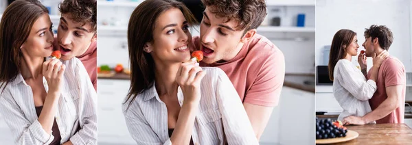 Collage of smiling woman feeding boyfriend with strawberry in kitchen, banner — Stock Photo