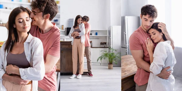 Collage von lächelnden Mann umarmt brünette Freundin in Küche, Banner — Stockfoto