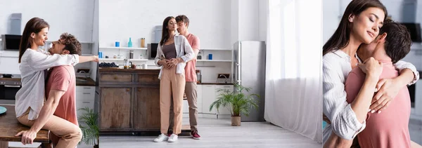 Collage of young couple smiling and embracing near kitchen table, banner — Stock Photo