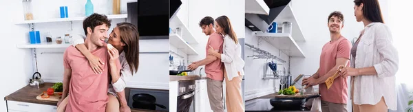 Collage of cheerful couple hugging and cooking in kitchen, banner — Stock Photo