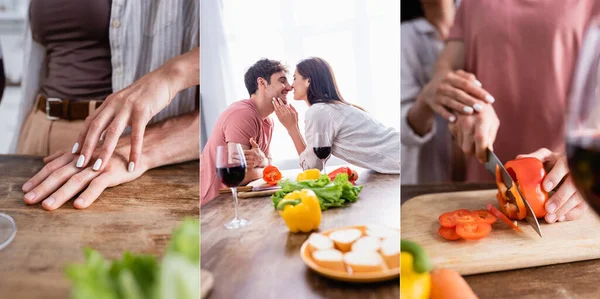 Collage de pareja sonriente besando y cocinando cerca de copas de vino en la cocina, pancarta - foto de stock
