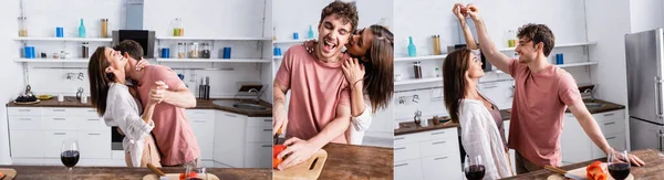 Collage di coppia allegra che balla vicino a paprica e vino in cucina, banner — Foto stock
