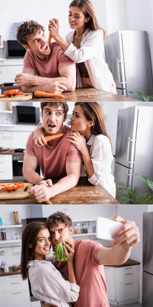 Collage de couple souriant tenant carottes et laitue et prenant selfie, bannière — Photo de stock