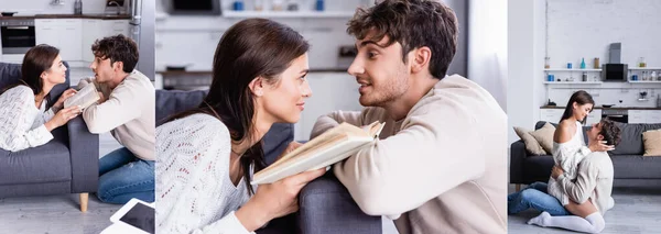 Colagem de casal sorridente abraçando e lendo livro no sofá em casa, banner — Fotografia de Stock