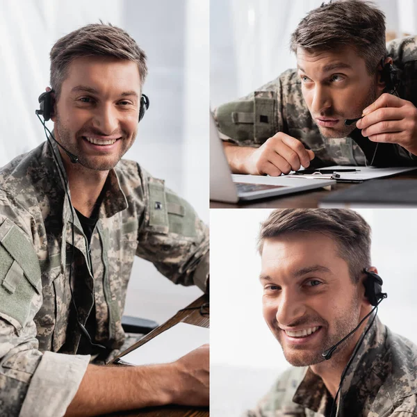 Collage de joyeux militaire souriant et parlant au microphone sur casque près d'un ordinateur portable — Photo de stock