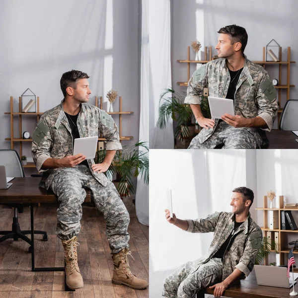 Колаж веселого військового, який використовує цифровий планшет і має відеодзвінок в офісі — стокове фото