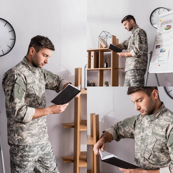 Collage of concentrated military man reading book near rack in office — Stock Photo
