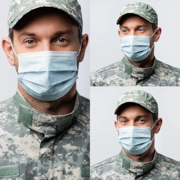 Collage eines Militärmannes in medizinischer Maske, der isoliert auf weiß in die Kamera blickt — Stockfoto