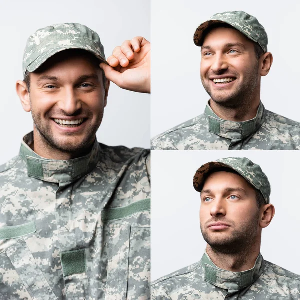 Collage of happy military man looking at camera and fixing cap isolated on white — Stock Photo