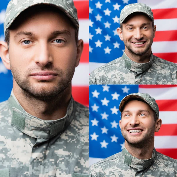 Collage eines glücklichen Militärmannes, der mit amerikanischer Flagge auf verschwommenem Hintergrund in die Kamera blickt — Stockfoto