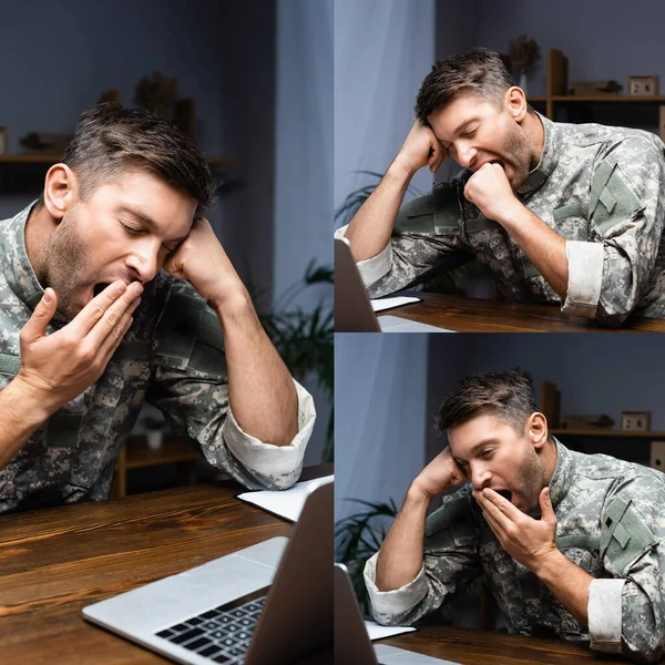 Колаж втомленого військового чоловіка в уніформі позіхання біля ноутбука за столом — стокове фото