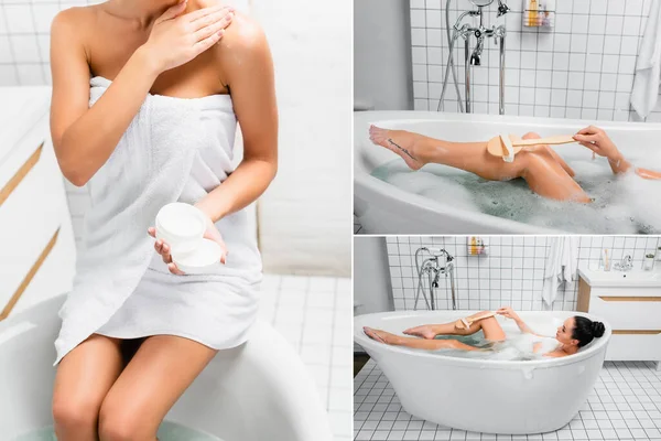 Collage de mujer joven aplicando crema cosmética y usando cepillo en bañera - foto de stock