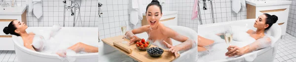 Collage of brunette woman taking bath with foam, holding glass of champagne and looking at berries on tray, banner — Stock Photo