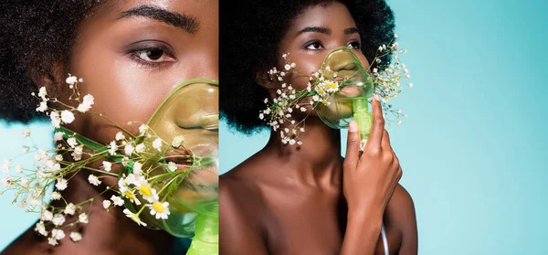Collage of african american young woman with flowers in inhaler isolated on blue background — Stock Photo