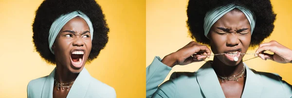 Collage of angry african american young woman in blue stylish outfit yelling and biting necklace isolated on yellow, banner — Stock Photo