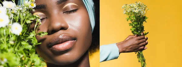 Collage de jeune femme afro-américaine en tenue bleue stylée avec bouquet de camomille isolé sur jaune, bannière — Photo de stock