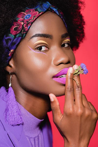 Афро-американська молода жінка в фіолетовому стильному вбранні куріння квітки ізольовані на червоному — стокове фото