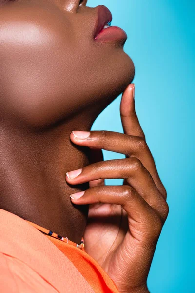 Partial view of african american young woman touching chin isolated on blue — Stock Photo