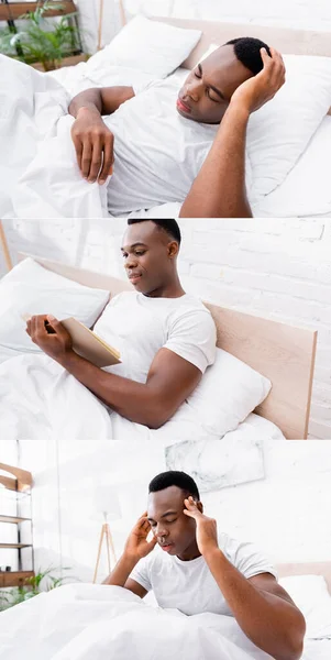 Colagem de homem afro-americano lendo livro e sofrendo de dor de cabeça na cama — Fotografia de Stock