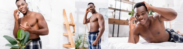 Коллаж без рубашки африканский американец улыбается, разговаривая по смартфону в спальне, баннер — стоковое фото
