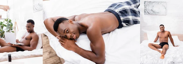 Collage of shirtless african american man smiling while using laptop and lying on bed, banner — Stock Photo