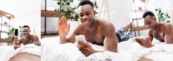 Colagem de homem afro-americano sorridente usando tablet digital e smartphone com tela em branco na cama, banner — Fotografia de Stock