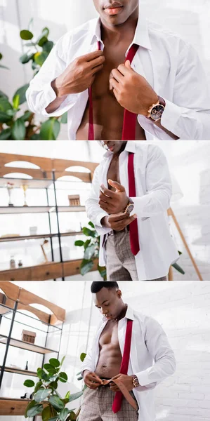 African american businessman wearing shirt and waist belt during morning at home — Stock Photo