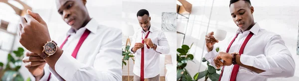 Colagem de empresário afro-americano segurando xícara de café, usando gravata e relógio de pulso em casa, banner — Fotografia de Stock