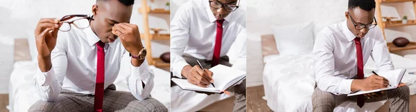 Collage of african american businessman writing on notebook and holding eyeglasses in bedroom, banner — Stock Photo