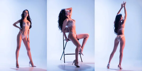 Collage von sexueller Frau in Satin-Dessous und High Heels posiert und sitzt auf einem Stuhl auf blauem Hintergrund, Banner — Stockfoto