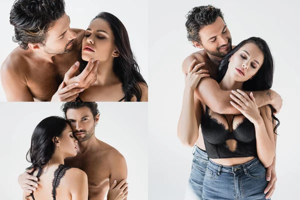 Collage von hemdlosen Mann umarmt sexy Frau in BH und Jeans isoliert auf weiß — Stockfoto