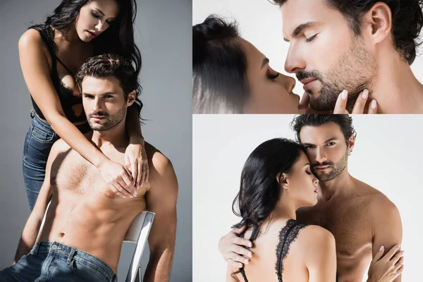 Collage de mujer sexy en sujetador y jeans abrazando novio muscular aislado en gris - foto de stock