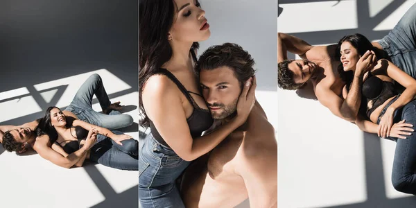 Collage von sexy Paar lächelnd und umarmend auf grauem Hintergrund mit Schatten, Banner — Stockfoto