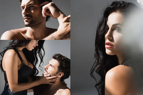 Collage of sensual woman touching face of shirtless man on grey background — Stock Photo