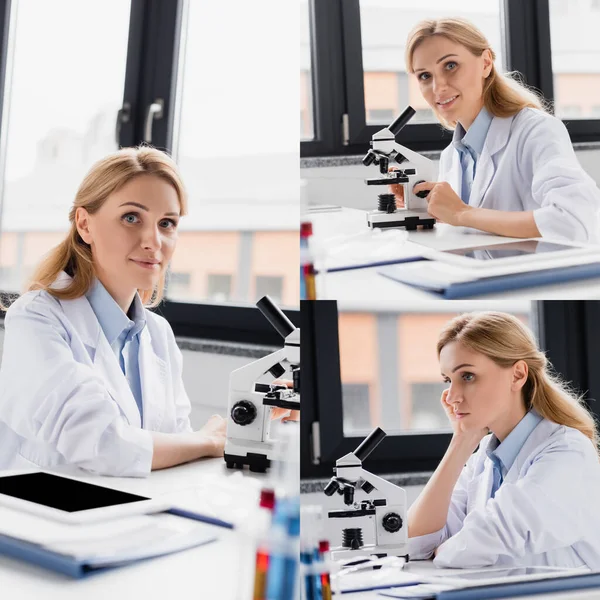 Collage of scientist looking at camera near microscope and digital tablet with blank screen — Stock Photo