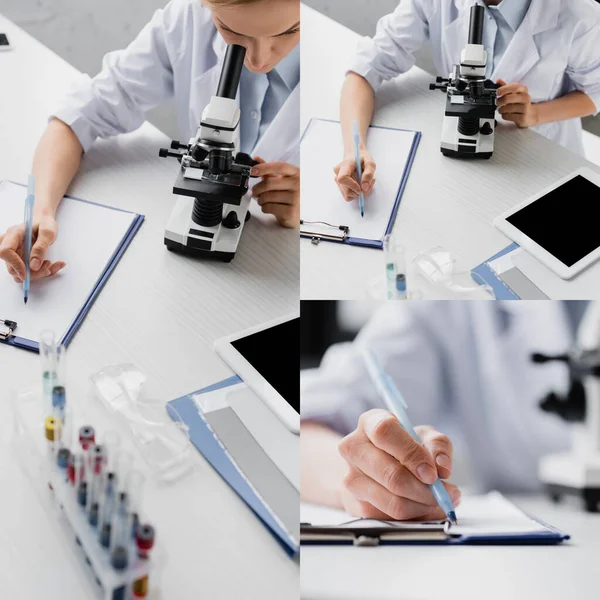 Collage of scientist writing on clipboard and looking through microscope near digital tablet with blank screen — Stock Photo
