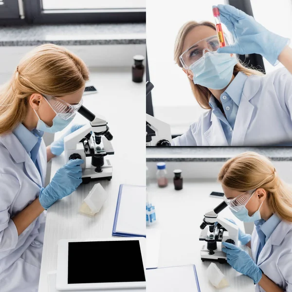 Collage of scientist in latex gloves looking through microscope and holding test tube with sample — Stock Photo