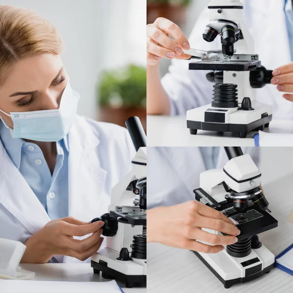 Collage of scientist in medical mask holding sample of glass test plate with sample near microscope — Stock Photo