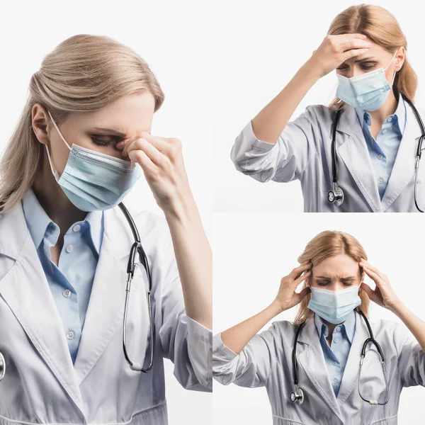 Collage of nurse in medical mask suffering from headache isolated on white — Stock Photo