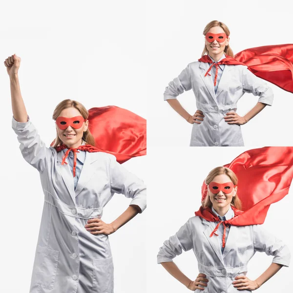 Collage aus fröhlicher Krankenschwester in roter Maske und Superheldenumhang, die isoliert auf weißem Hintergrund posiert — Stockfoto