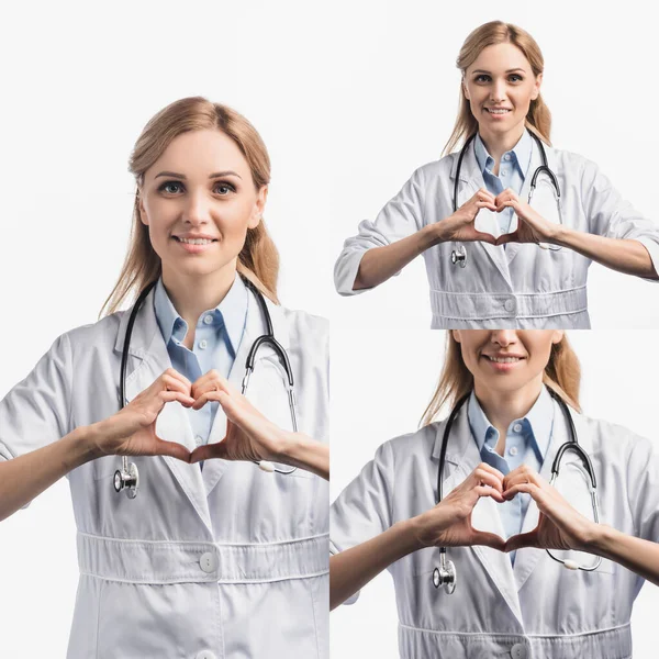 Collage de l'infirmière heureuse en manteau blanc montrant signe cardiaque avec les mains isolées sur blanc — Photo de stock