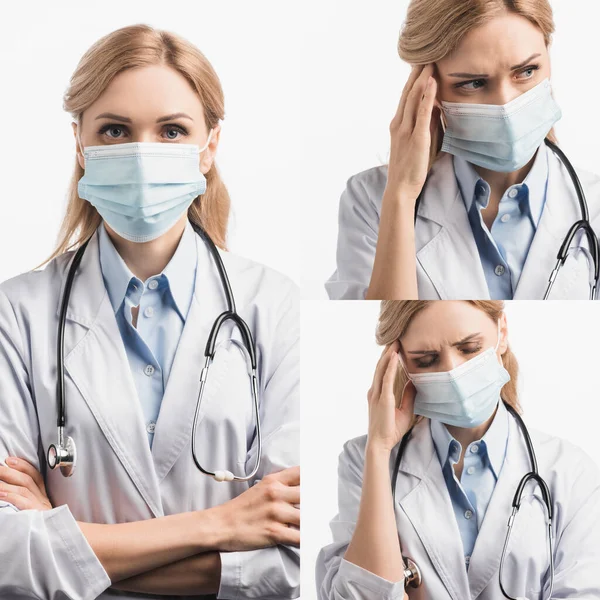 Collage of nurse in medical mask having headache isolated on white — Stock Photo