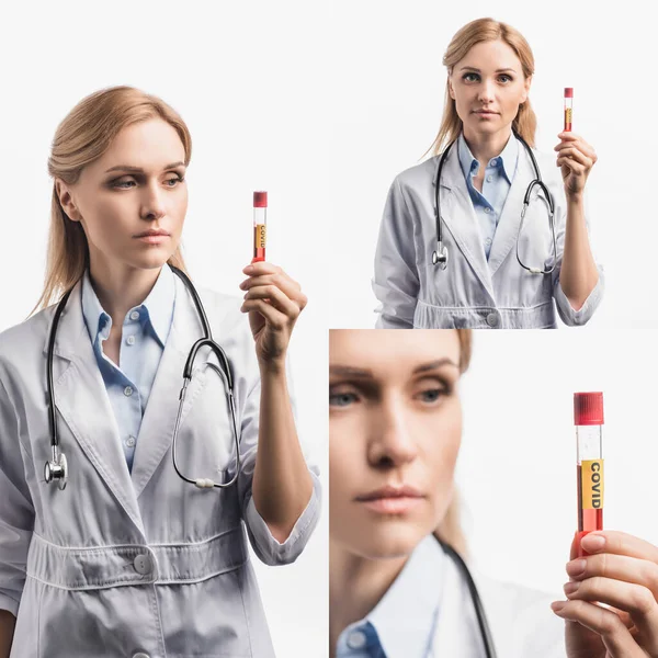 Collage de l'infirmière en manteau blanc échantillon d'exploitation avec lettrage covide isolé sur blanc — Photo de stock