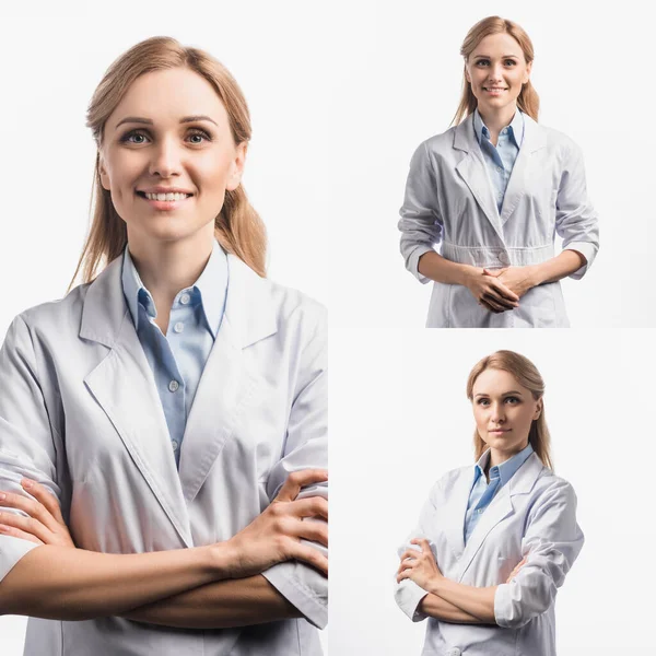 Collage de médico feliz en bata blanca de pie con brazos cruzados aislados en blanco - foto de stock