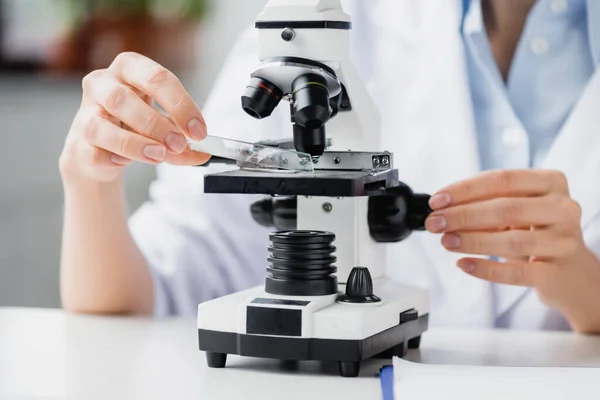 Vista recortada de la científica que sostiene la placa de prueba de vidrio cerca del microscopio en el laboratorio - foto de stock