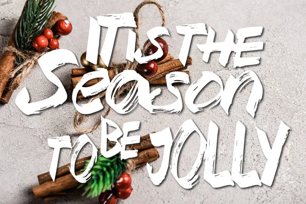 Cinnamon sticks with red beads near it is the season to be jolly lettering on textured grey background — Stock Photo